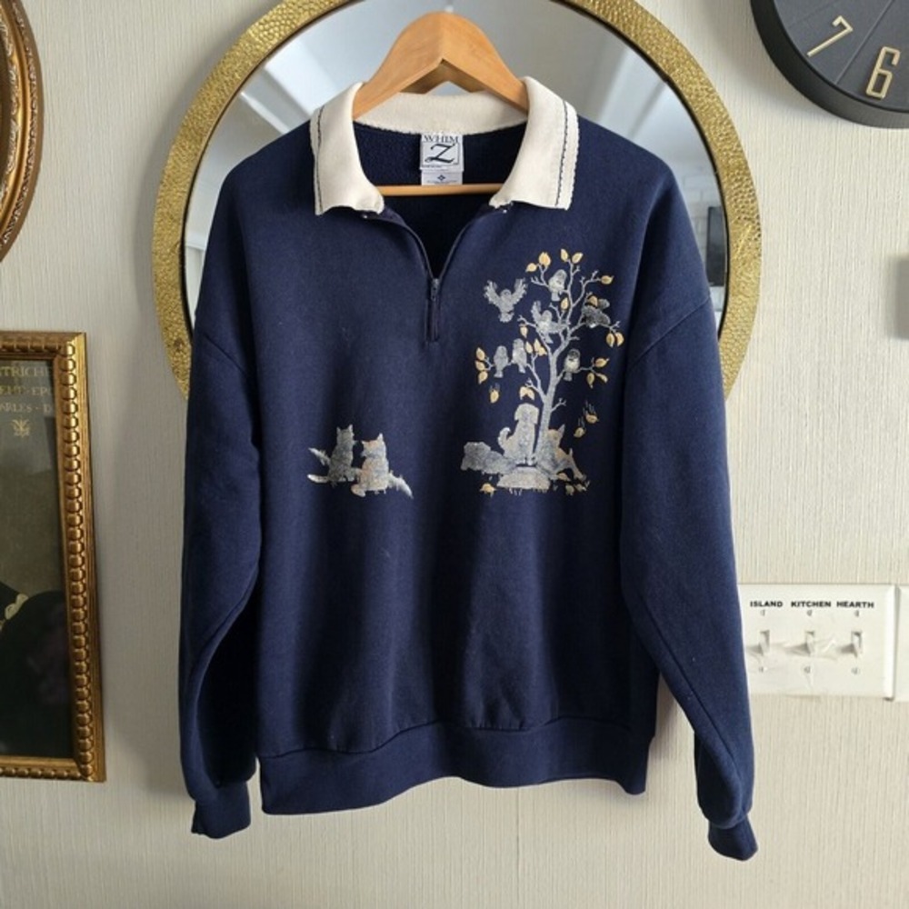 Vintage 90s‎ Whim Z Country Cats & DogsCollared Sweater Womens Xl Navy